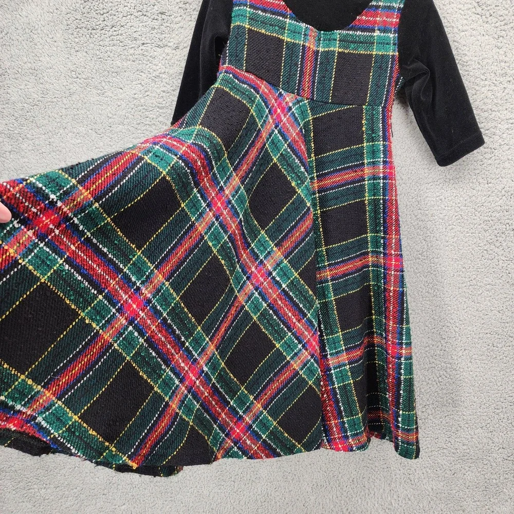 Cozi Kidz Plaid Dress Vintage Girls Size 2 Black‎ Velvet Trim Party Holiday